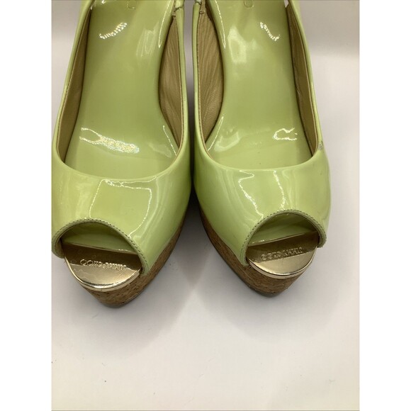 Jimmy Choo Lime Patent Cork Wedge Slingback Peep Toe US 8½ EU 39½ Pre-Owned - Picture 3 of 8